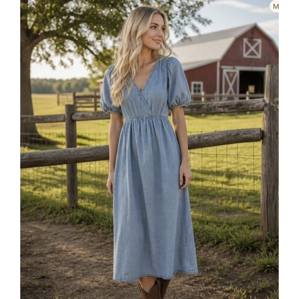 New! Gap Womens Blue Chambray Midi Dress XS Cotton cottagecore feminine